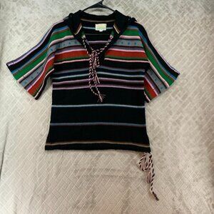 Helen Sue Hoodie Sweater Shirt Womens M Colorful Boho Short Sleeve Vintage